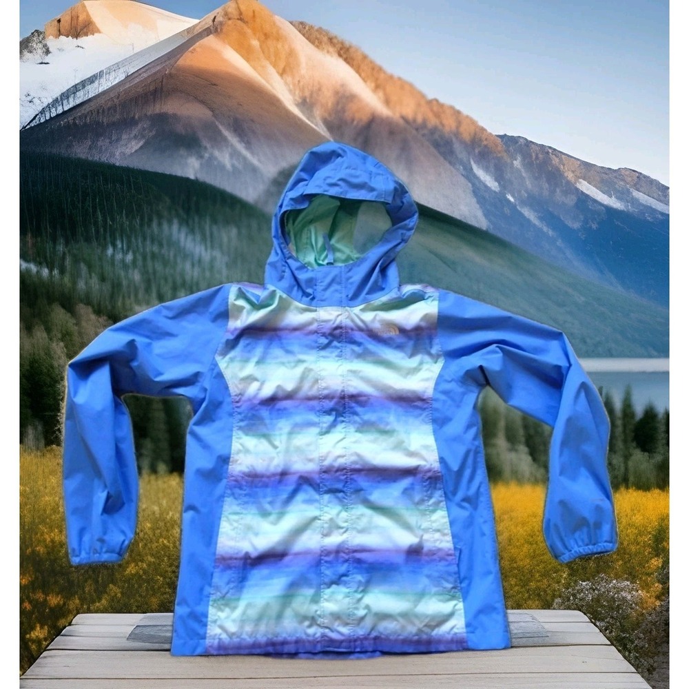 The North Face Rain Jacket Girls L 14/16 Blue Excellent DryVent Striped Hooded